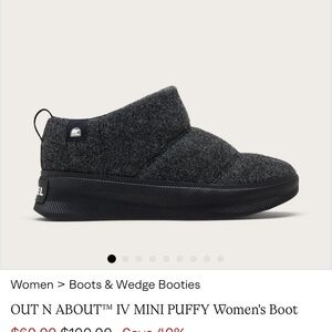 Sorel women’s Out and about puffer Gray and Black Sneaker boot with Red Accent